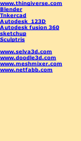 www.thingiverse.com Blender Tnkercad Autodesk  123D Autodesk fusion 360 sketchup Sculptris  www.selva3d.com www.doodle3d.com www.meshmixer.com www.netfabb.com